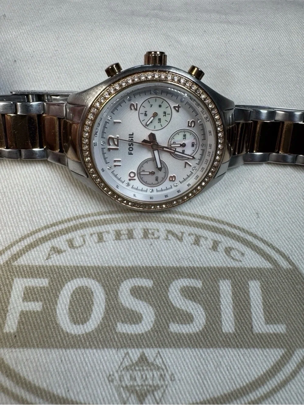 Fossil Two-Tone Silver and Rose Gold Crystal Bezel Chronograph Watch